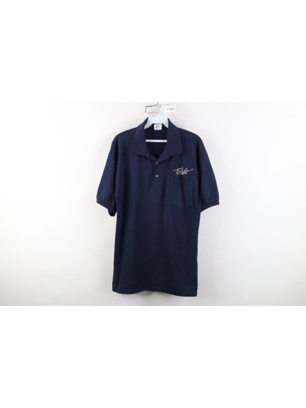 Vintage 90s Mens Large Faded Spell Out Script Toledo Ohio Golf Polo Shirt Blue